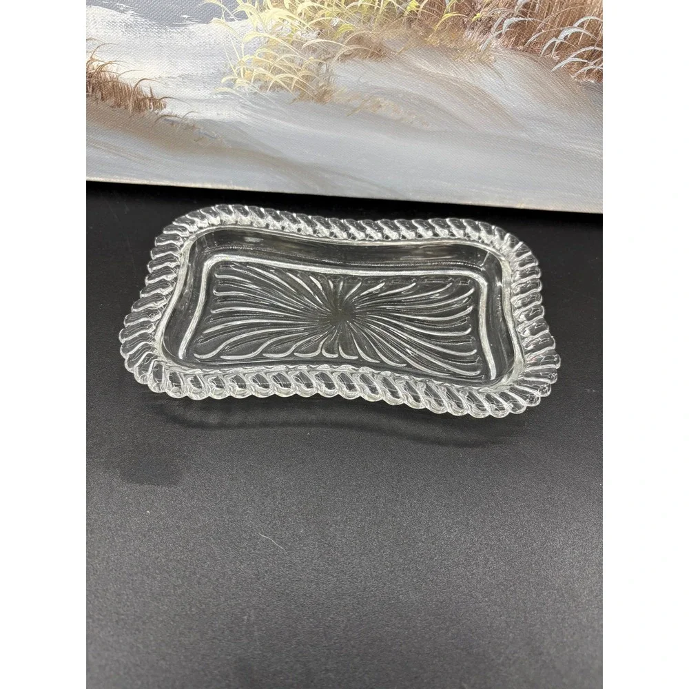 Vintage Clear Pressed Glass Trinket Dish Sunburst Pattern Rope Edge Tray